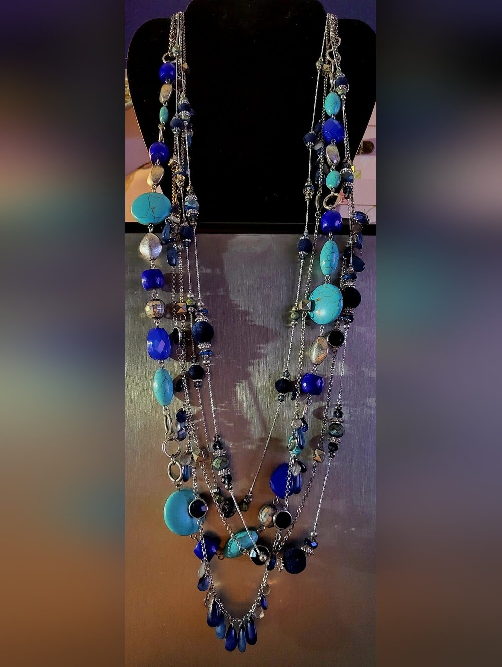 34"-40" Set of 3 Blue & Silver-Tone Beaded Necklaces Lot | Layering / Boho Chic